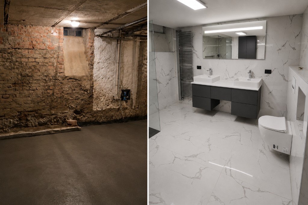 Badezimmerrenovierung mit modernem Doppelwaschtisch und hellen Fliesen in Wien